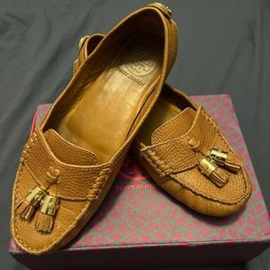Tory Burch Tan Leather Tassel Loafers with Gold Hardware